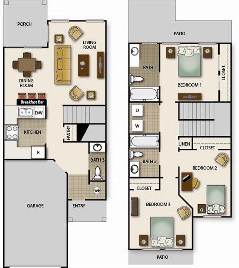 Floor plan for 3 beds, 2.5 baths, 1114 sqft